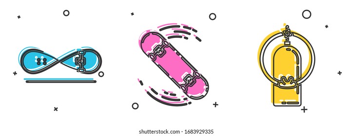 Set Skateboard trick, Skateboard trick and Aqualung icon. Vector