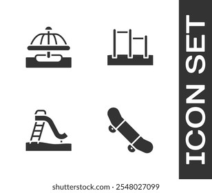 Establecer truco de monopatín, carrusel de atracción, diapositiva para niños e ícono de barra Horizontal. Vector