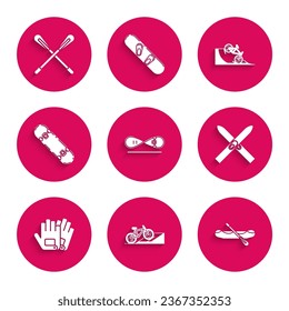 Set Skateboard trick, Bicycle on street ramp, Rafting boat, Ski and sticks, Gloves,  and Crossed paddle icon. Vector