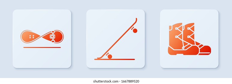 Set Skateboard, Skateboard trick and Boots. White square button. Vector