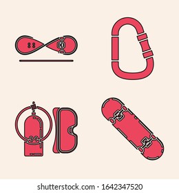 Set Skateboard trick, Skateboard trick, Carabiner and Diving mask and aqualung icon. Vector