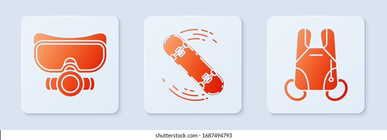 Set Skateboard trick, Diving mask and Parachute. White square button. Vector