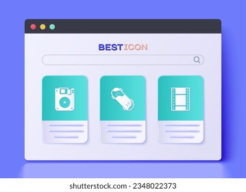 Set Skateboard trick, Floppy disk and Play Video icon. Vector