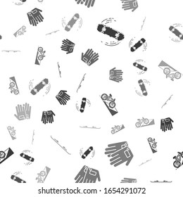 Set Skateboard trick, Gloves, Bicycle on street ramp and Snowboard on seamless pattern. Vector