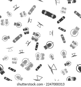 Set Skateboard trick, Hang glider, Aqualung and Diving mask and aqualung on seamless pattern. Vector