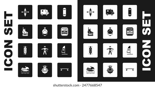 Set Skateboard trick, Helmet and action camera, Skates, Kayak or canoe, First aid kit, Ambulance emergency car, Windsurfing and Longboard skateboard icon. Vector