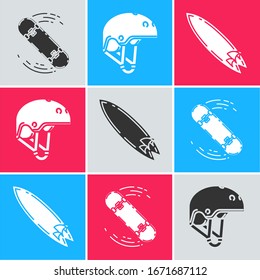 Set Skateboard trick, Helmet and Surfboard icon. Vector