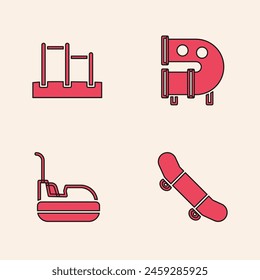 Set Skateboard trick, Horizontal bar, Kid playground slide pipe and Bumper car icon. Vector