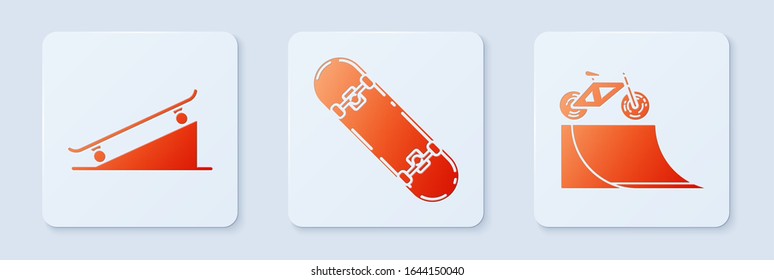 Set Skateboard trick, Skateboard on street ramp and Bicycle on street ramp. White square button. Vector