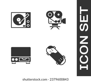 Set Skateboard trick, Vinyl player, Old video cassette and Retro cinema camera icon. Vector