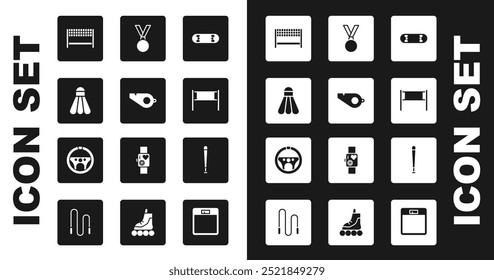 Set Skateboard trick, Whistle, Badminton shuttlecock, Ribbon finishing line, Volleyball net, Medal, Baseball bat and Steering wheel icon. Vector