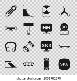 Set Skateboard, wheel, Baseball cap, T tool, deck and  icon. Vector