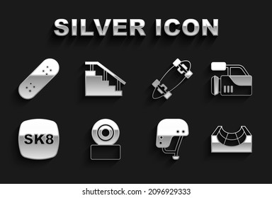 Set Skateboard wheel, Cinema camera, park, helmet, Longboard or skateboard,  and stairs with rail icon. Vector