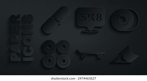 Set Skateboard, wheel, park,  and Broken skateboard deck icon. Vector