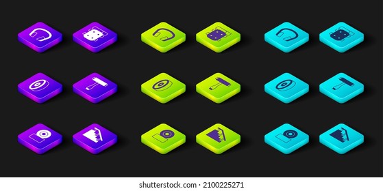 Set Skateboard wheel, stairs with rail, ball bearing, T tool, Knee pads and Headphones icon. Vector