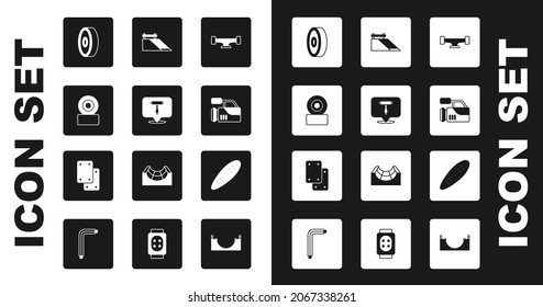 Set Skateboard wheel, T tool, ball bearing, Cinema camera, park, Longboard or skateboard and Knee pads icon. Vector