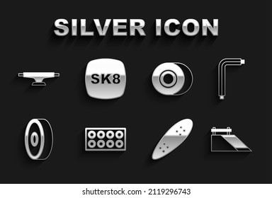 Set Skateboard wheel, Tool allen keys, park, Longboard or skateboard, ball bearing,  and  icon. Vector