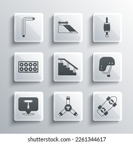 Set Skateboard Y-tool, helmet, stairs with rail, T, wheel, Tool allen keys and Screwdriver icon. Vector