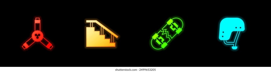 Set Skateboard Y-tool, stairs with rail, Broken skateboard and helmet icon. Vector