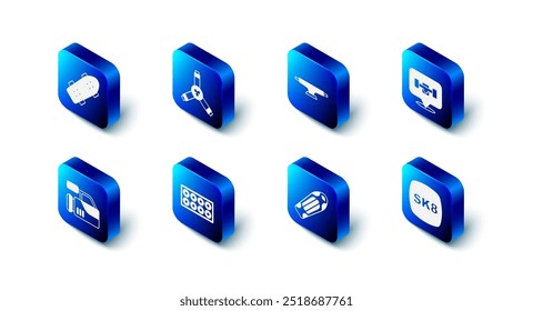 Set Patineta Y-herramienta, rueda, cubierta, cámara de cine e icono. Vector