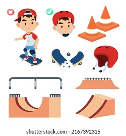Juego de niños de patineta con capucha con elemento de equipo de entrenamiento en estilo de dibujos animados, ilustración vectorial