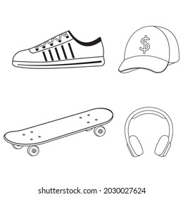 Set of skateboarder cap, skateboard, headphones, sneakers, black outline, isolated illustration on a white background