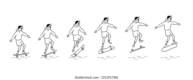 Un conjunto de silueta de patinador en una secuencia de maniobras. Realizando dobles. Saltando chicos con patines. Patinaje en la calle. Esbozo. Arte de línea simple. Ilustración vectorial de moda. Estilo dibujado a mano.