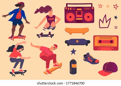 Set with skateboarders, hip hop and skateboarding attributes. Girls, boy riding and jumping on skate, tape recorder, longboard, cassette, sneaker, cap, spray paint, stars, crown isolated flat elements