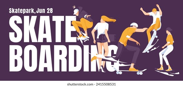 set of skateboarders on the big text background. Horizontal poster advertising design. Flat vector illustration