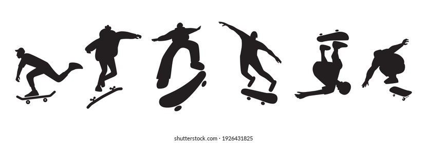 A set of skateboarders silhouettes performing stunts. Collection of jumping and somersault guys with skates. Street skateboarding. Graphic vector design illustrations. svg
