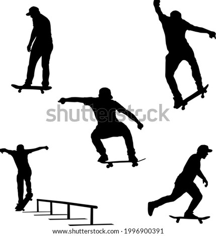 set of skateboarders, vector silhouettes isolated on white background, realistic outline