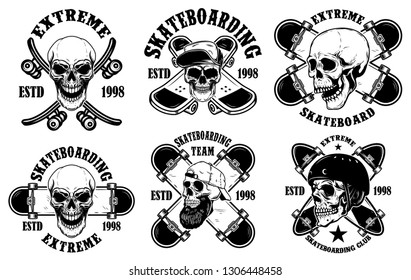 Set of skateboarding club emblems with skulls. Design element for poster, logo, sign, label, t shirt. Vector illustration