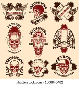 Set of skateboarding club emblems with skulls. Design element for poster, logo, sign, label, t shirt. Vector illustration