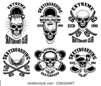 Set of skateboarding club emblems with skulls. Design element for poster, logo, sign, label, t shirt. Vector illustration