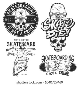 Set of skateboarding emblems in black colour isolated on white. Vector illustration
