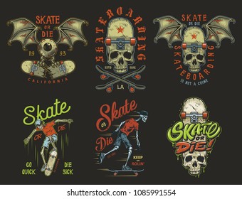 Set of skateboarding emblems in colour vintage style. Vector illustration.