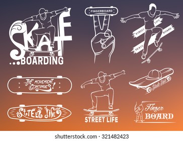 Set of skateboarding emblems, logo, badge, labels and designed elements. Collection sign street art, street life and graffiti