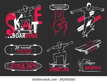 Set of skateboarding emblems, logo, badge, labels and designed elements. Collection sign street art, street life and graffiti