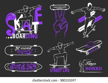 Set of skateboarding emblems, logo, badge, labels and designed elements. Collection sign street art, street life and graffiti