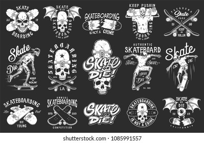 Set of skateboarding emblems in monochrome vintage style. Vector illustration.