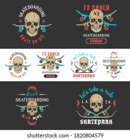 Set of skateboarding emblems with skull and skateboard. Print graphic and web design. Color vector illustration.