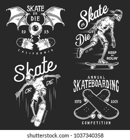 Set of skateboarding emblems in white colour isolated on black. Vector illustration