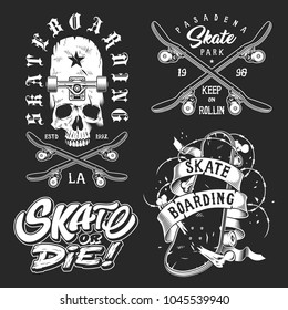 Set of skateboarding emblems in white colour isolated on black. Vector illustration