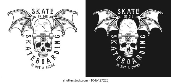 Set of skateboarding emblems in white colour isolated on black. Vector illustration