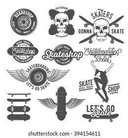 Set of skateboarding labels, badges and design elements.