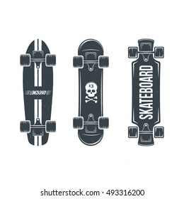 Set of skateboarding labels, badges and design elements. Longboard. Skateboard. Vector illustration.