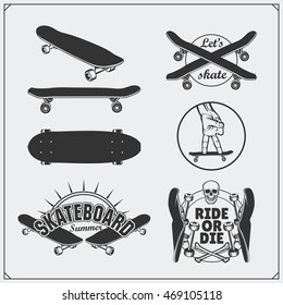 Set of skateboarding labels, emblems, badges and design elements. 