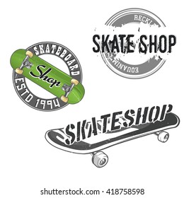 Set of skateboarding labels, icons, logotypes, signs. Skate shop badges with high detailed cartoon skateboard and skate wheel. Skate themed design elements for your project. Stock vector.