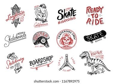 Set of Skateboarding labels logo. Skater Dinosaur tyrannosaur rex rides on the board.. Urban design for badges, emblems t-shirt typography. engraved hand drawn sketch in monochrome vintage style.