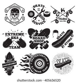 Set of skateboarding labels - skull in helmet, repair shop, skate team, board shop, etc. Vector